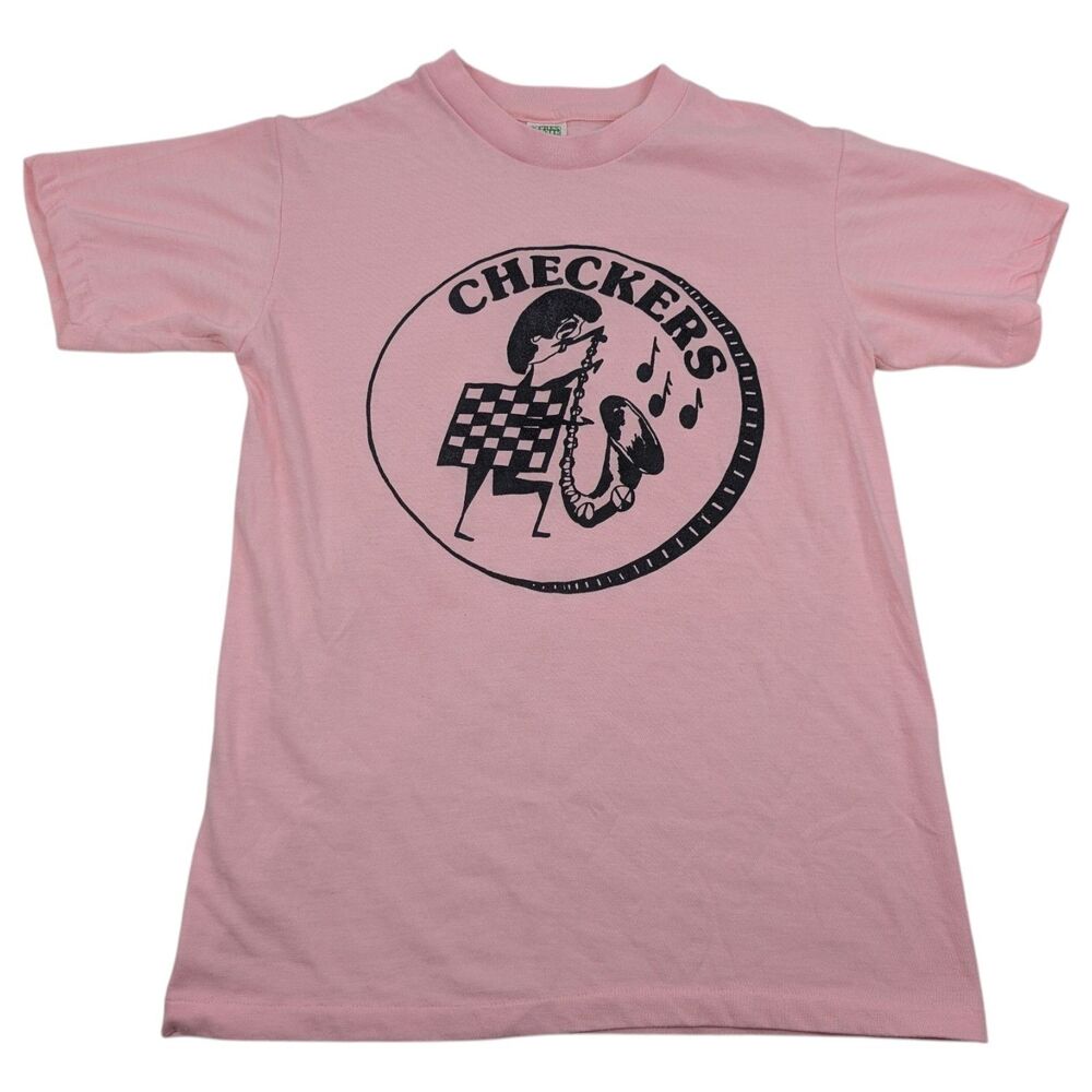 Vtg 80s Checkers Saxophone Pink Shirt Size‎ M single stitch USA
